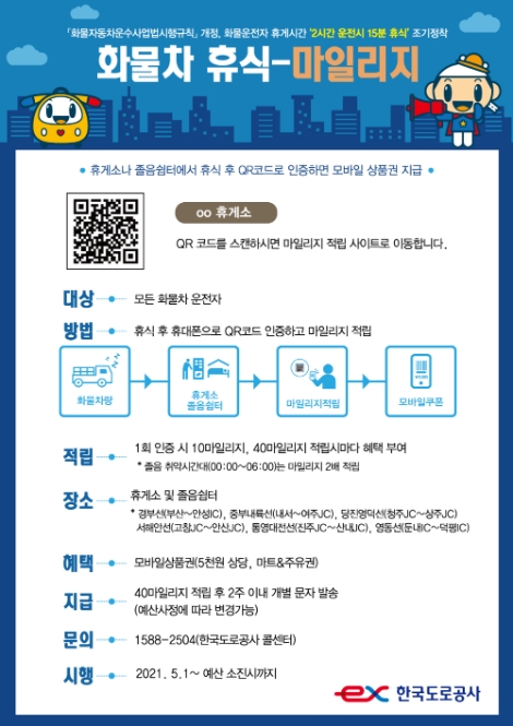 도로공사, 화물차 운전자 위한 ‘휴식-마일리지’ 제도 확대 시행