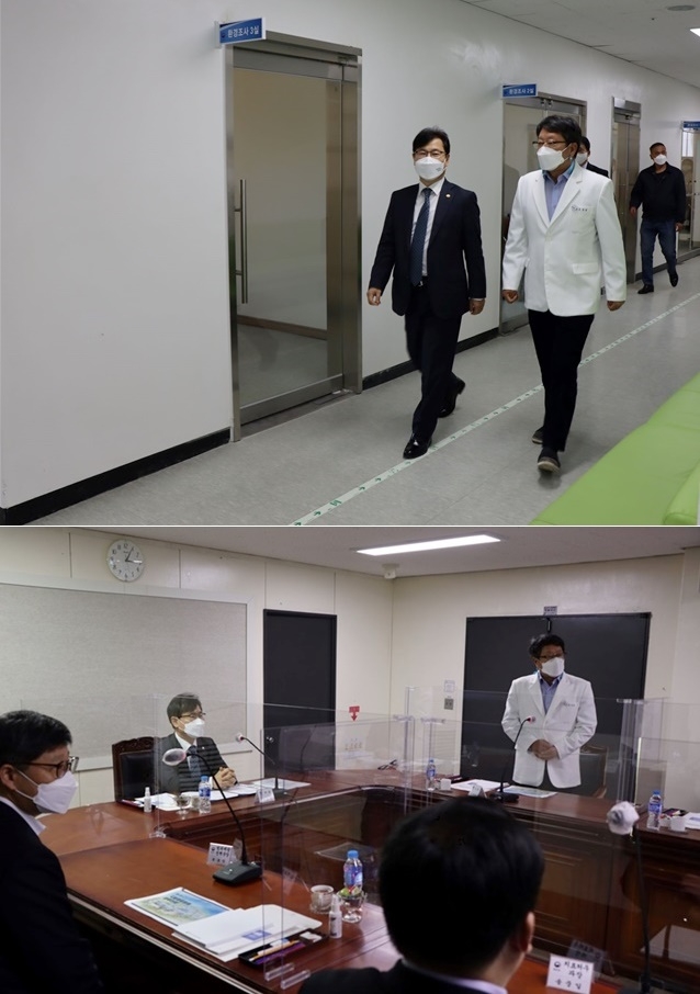 강성국 법무부 차관이 치료감호소 코로나 19 방역실태를 점검하고 있다. /강성국 차관이 치료감호심의위원회를 진행하고 있다.(사진제공=법무부)