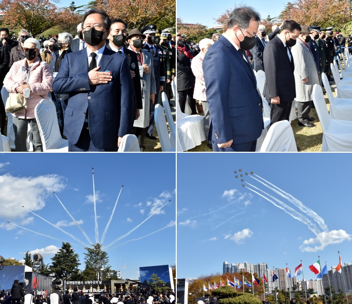 김석준 부산교육감이 11일 부산 유엔참전용사 국제추모식에 참석해 묵념을 하고 있다.(사진제공=부산교육청)