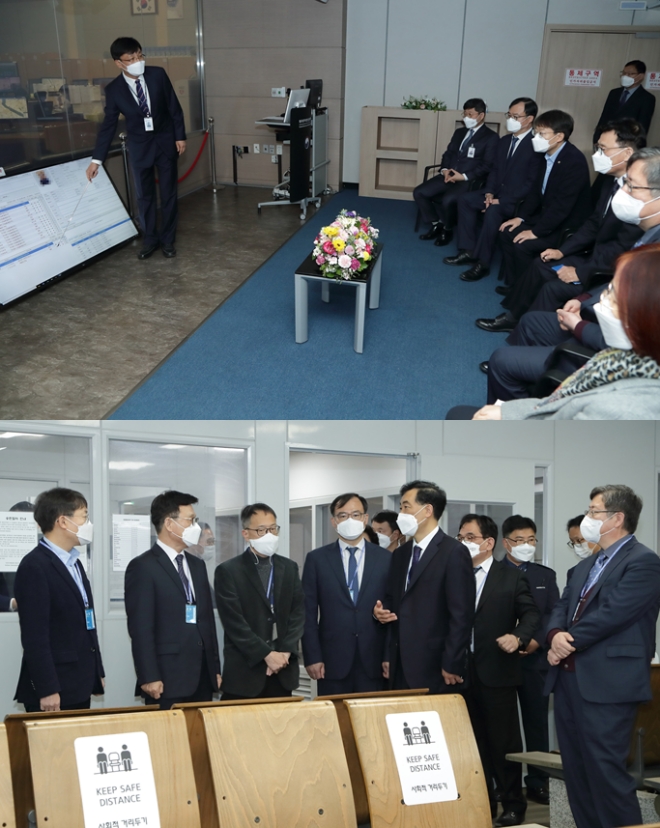 박광온 법사위원장 등이 위치추적중앙관제센터에서 전자감독 관련 설명을 듣고 있다. / 박광온 법사위원장 등이 인천공항 출국대기실을 방문하여 시설을 점검하고 있다.(사진제공=법무부)