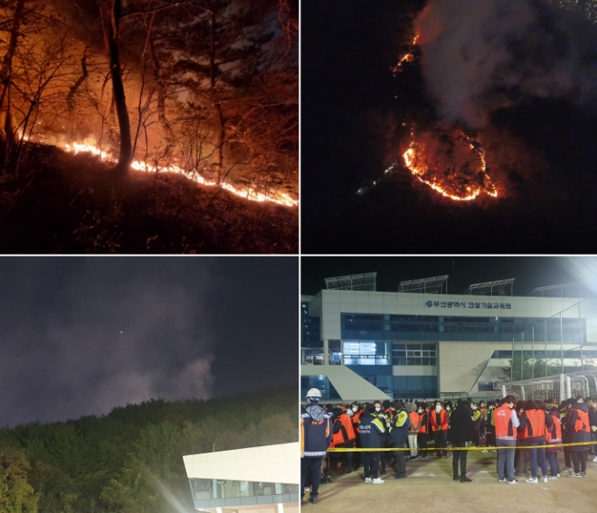 소방드론으로 촬영된 화재현장/집결지에 모인 의용소방대원/ 화재진화 완료 모습. (사진제공=부산소방재난본부)