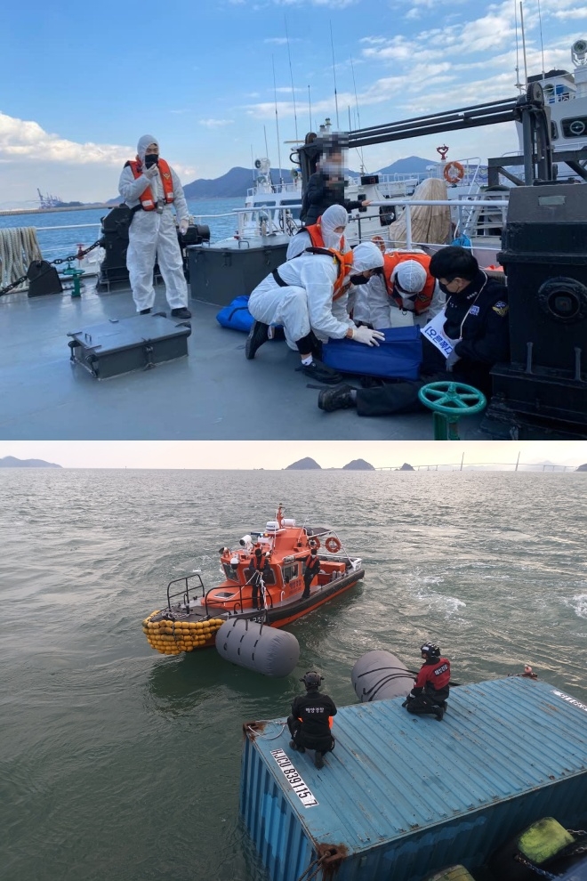 구조세력이 사고현장에서 부상자를 구조하고 있다./창원해양경찰구조대가 추락 컨테이너외부에 리프트백 설치 후 부도로 이동조치중이다.(사진제공=남해지방해양경찰청)