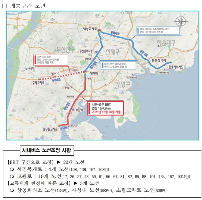 개통구간 도면 및 시내버스 노선조정 사항.(제공=부산시)
