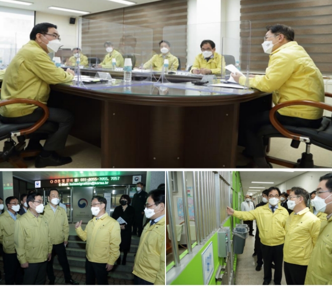 박범계 법무부장관이 화성외국인보호소 업무현황을 보고 받고 보호시설을 점검한 뒤 시설의 안전관리를 당부하고 있다.(사진제공=법무부)