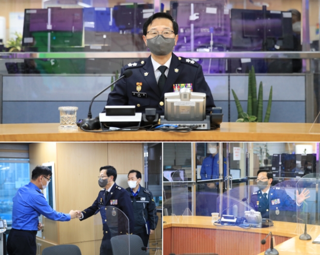 윤성현 남해해경청장이 취임 후 첫 일정으로 종합상황실에서 해상치안상황 브리핑을 받고 각 사무실 근무자를 방문해 인사를 나누고 있다. (사진제공=남해지방해양경찰청)