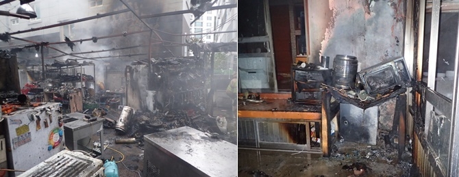 부산 남산동과 오륜동 음식점 주방 화재.(사진제공=부산소방재난본부)