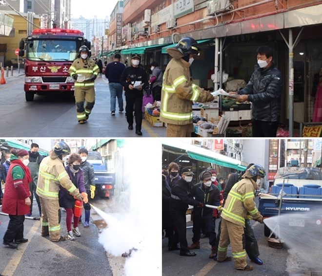 소방출동로 확보 훈련/옥내소화전 활용 초기진화 훈련/가스소화기 활용 초기진화 훈련 모습.(사진제공=부산소방재난본부)