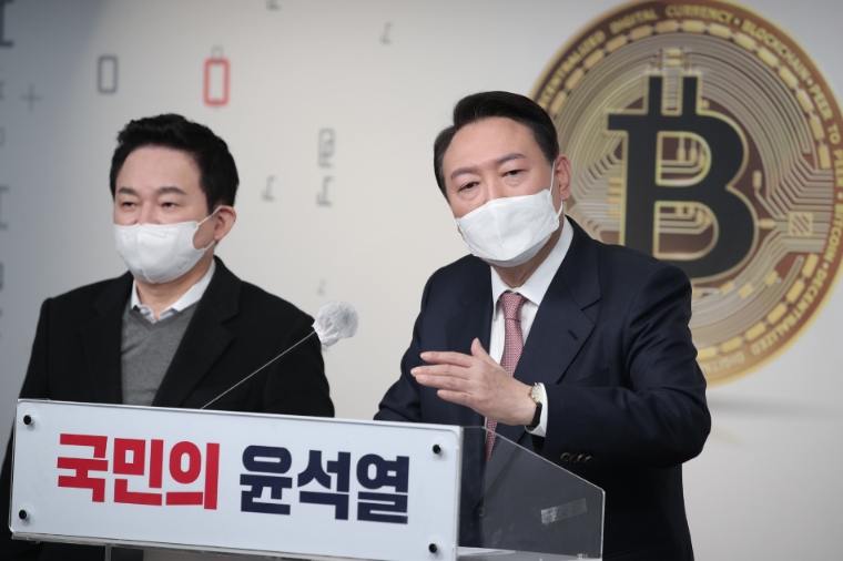 국민의힘 윤석열 대선 후보가 19일 여의도 당사에서 가상자산 개미투자자 안심투자 정책공약을 발표하고 있다. 사진=윤석열캠프