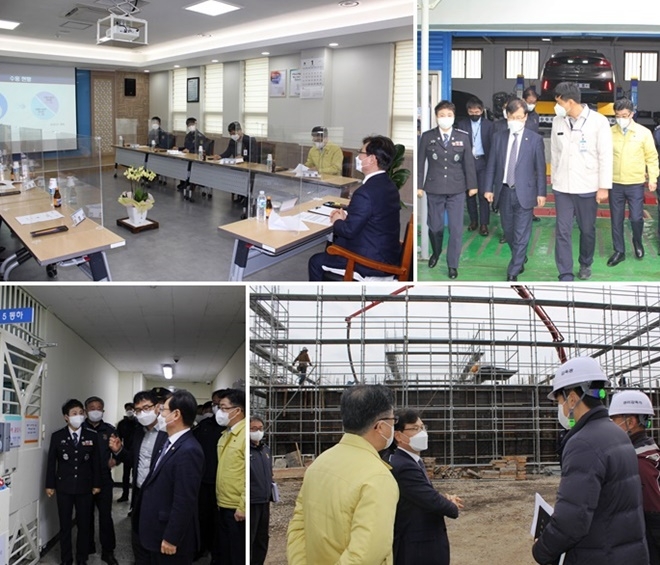 강성국 법무부차관이 제주교도소를 방문하여 업무현황 및 코로나19 대응상황을 보고 받고 있다./ 강성국 법무부차관이 교정 현장(자동차정비 직업훈련장)을 둘러보고 있다./강성국 법무부차관이 수용동 증축현장을 점검하고 있다./강성국 법무부차관이 교정 현장(코로나19 격리수용동)을 점검하고 있다.(사진제공=법무부)