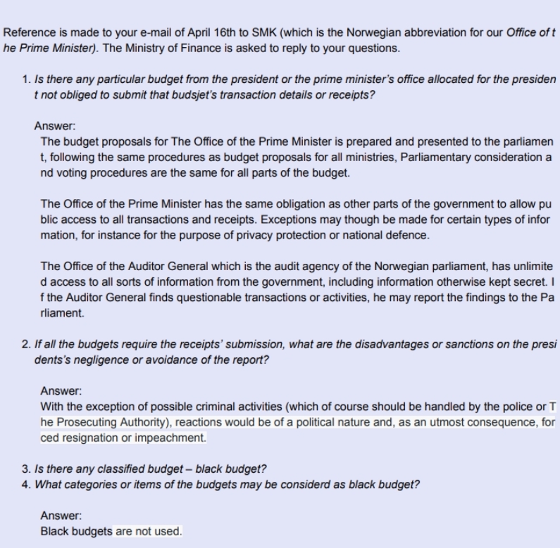 노르웨이 총리실 답변 내역 (사진=한국납세자연맹)