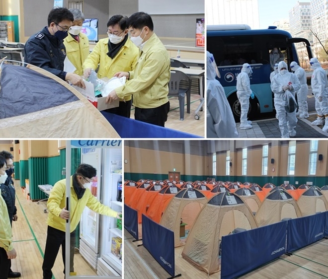 박범계 법무부장관이 임시수용시설에 수용될 수용자에게 지급되는 물품을 직접 점검하고 있다./직원 계호 하에 방역복을 착용한 수용자들이 임시수용시설로 이동하고 있다./서울동부구치소에 설치된 임시수용시설./박 장관이 임시수용시설에 설치된 냉장고 내부를 살피고 있다.(사진제공=법무부)