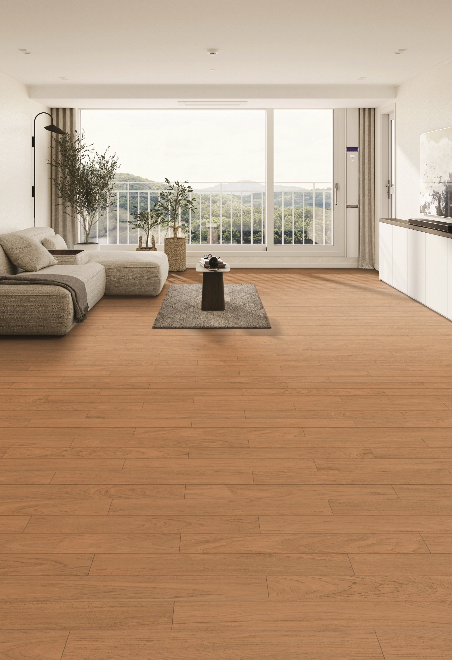 LX지인 바닥재 강그린 프로 골든 티크가 시공된 거실 공간.(사진=LX하우시스)