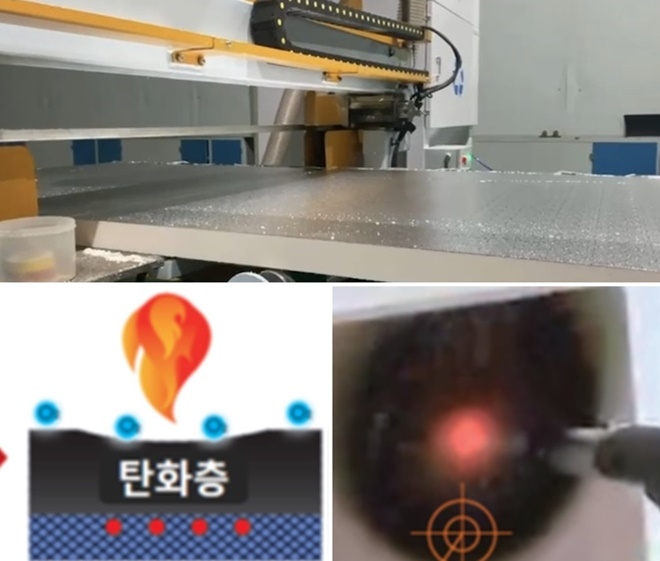 한국화학융합시험연구원(KTR)에서 내부 심재에 대한 준불연 성능이 적합함을 KOLAS 인증시험으로 검증받은 ‘경질 우레탄폼 단열재 심재 준불연’을 누드 상태로 절단하고 있는 모습(사진제공=에코인슈텍)