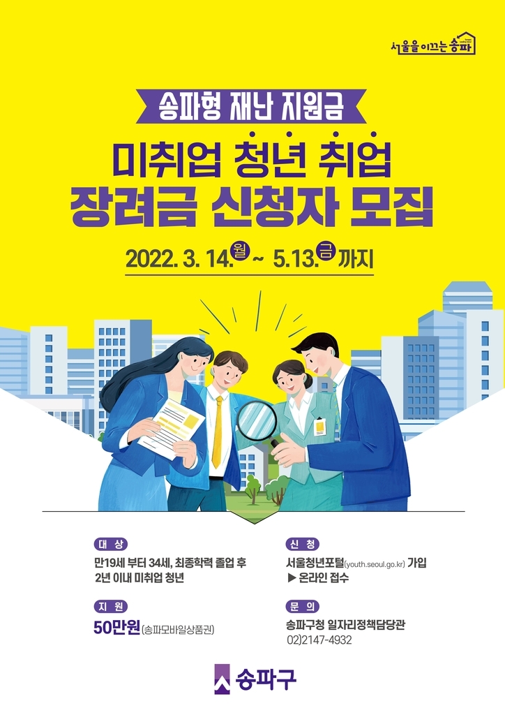 송파구, ‘미취업 청년 취업 장려금’ 확대 지원… 1인당 50만원