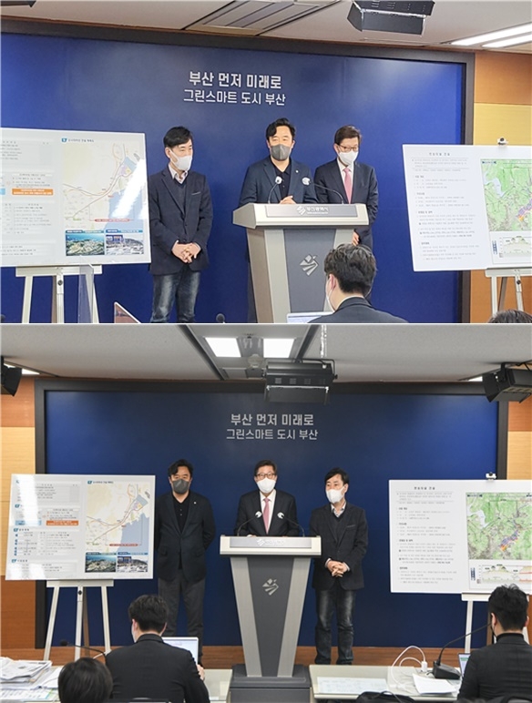 정동만 국회의원(위사진), 박형준 부산시장이 17일 오시리아 관광단지 교통혼잡해소 대책을 발표하고 있다.(사진제공=정동만의원실)