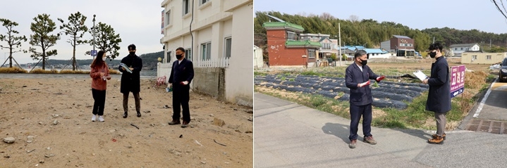 오규석 기장군수가 23일 오전 삼성리 공영주차장(왼쪽)과 오후 화전리 공영주차장 조성현장을 잇따라 방문해 점검하고 있다.(사진제공=부산 기장군)