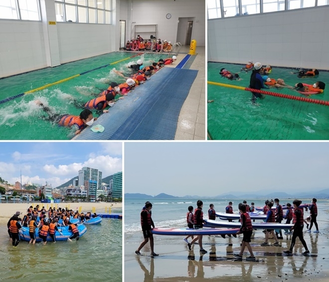 올해 초등 생존수영교육 및 지난해 중등 해양스포츠체험교육 모습.(제공=부산교육청)