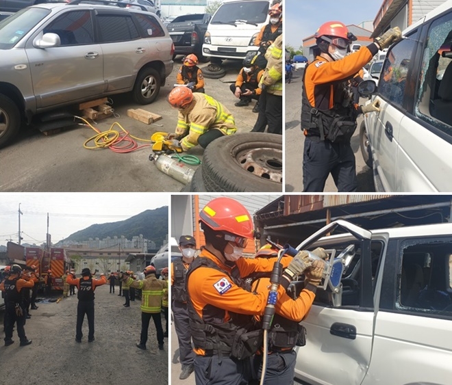 에어백 활용 구조훈련/유리파괴 훈련/유압장비 활용 문개방 훈련.(사진제공=부산소방재난본부)
