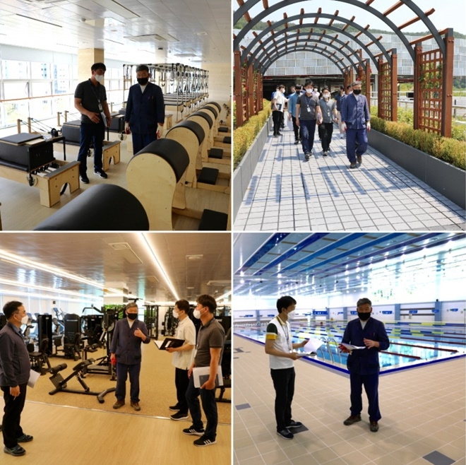 오규석 기장군수는 5월 24일 오전 10시 30분경 오는 6월 1일 임시 개장하는 복합생활체육시설인 ‘정관아쿠아드림파크’을 방문해 점검하고 있다.(사진제공=부산 기장군)