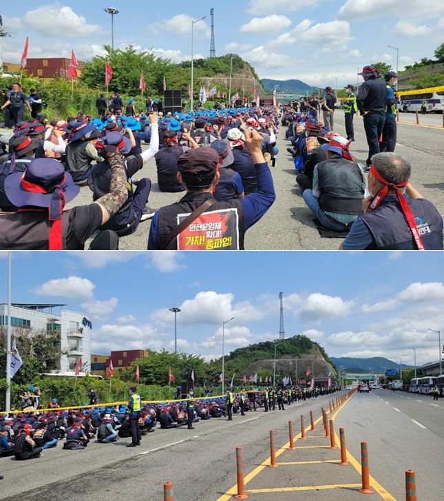 부산 강서구 신항삼거리 일원 화물연대 총파업 집회.(사진제공=부산경찰청)