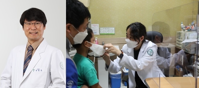 옥철호 교수(사진왼쪽)/아토피 치료모습.(사진제공=고신대복음병원)