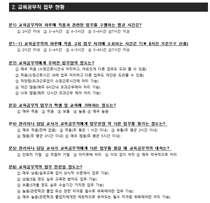 교육공무직 업무효율화 및 임금체계 개선을 위한 설문지 중 일부 문항.(제공=전국학교비정규직연대회의)