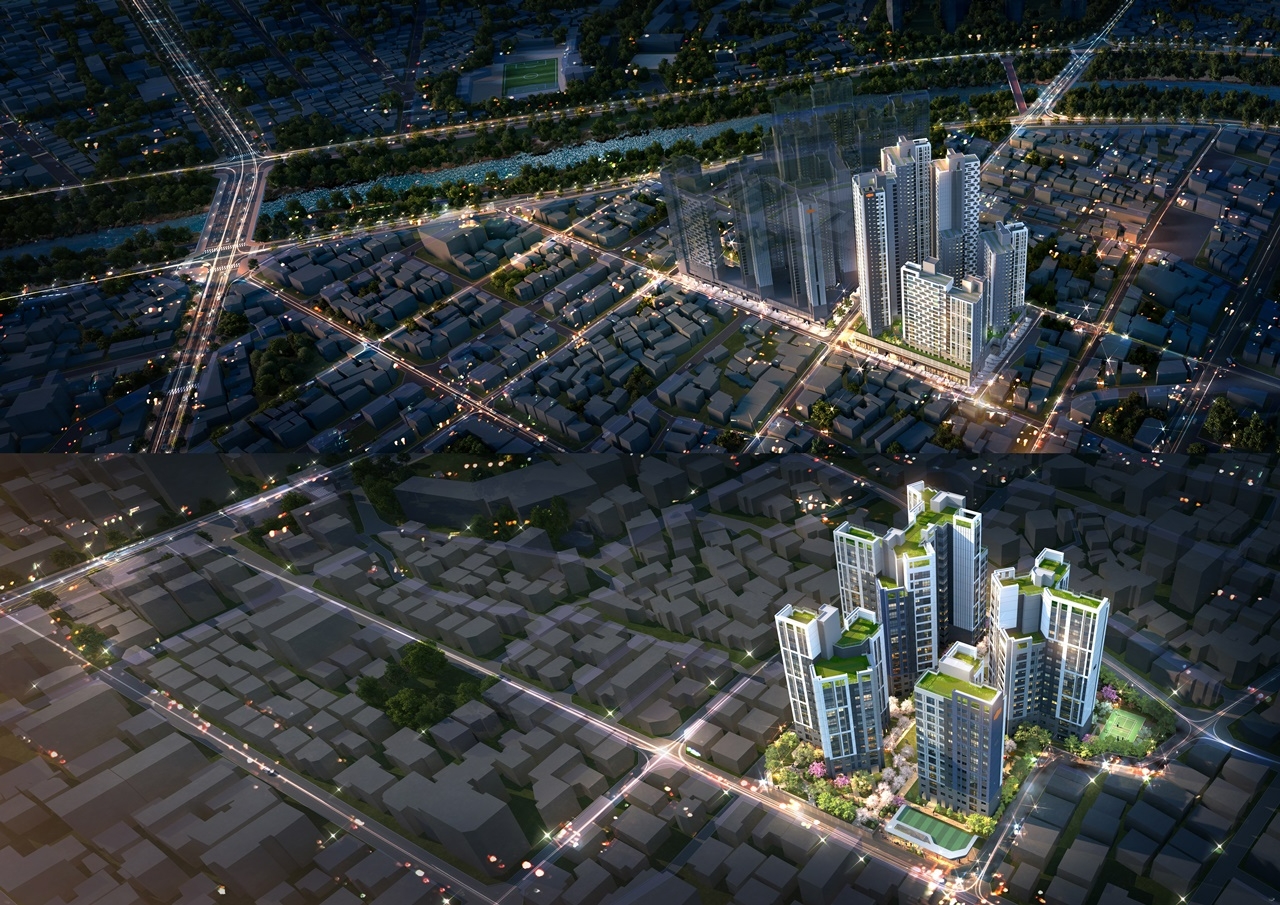 충북 청주 남주동9구역 가로주택정비사업(위쪽) 및 서울 면목역2구역 가로주택정비사업 조감도.(사진=DL건설)