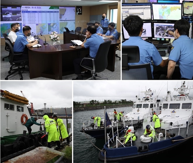 (사진위부터 시계방향)태풍대비 상황점검회의./남해청 종합상활실에서 상황요원들이 태풍진로를 확인하고 있다./태풍 피항차 출항하는 경비함정./감천항 내 순찰 중 계류색 강화를 돕고 있다.(사진제공=남해지방해양경찰청)