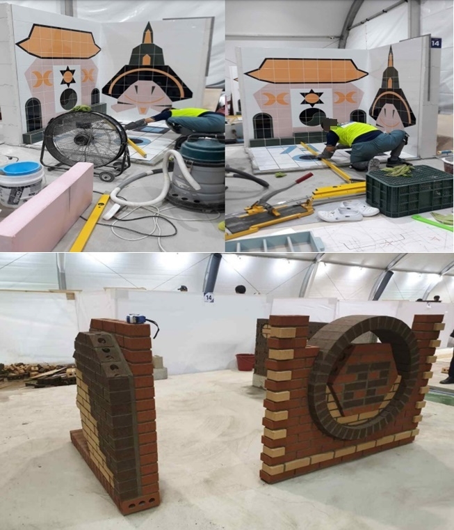 제57회 전국기능경기대회 타일 직종 수형자 경기모습과 입상한 조적 종목 작품.(사진제공=법무부)