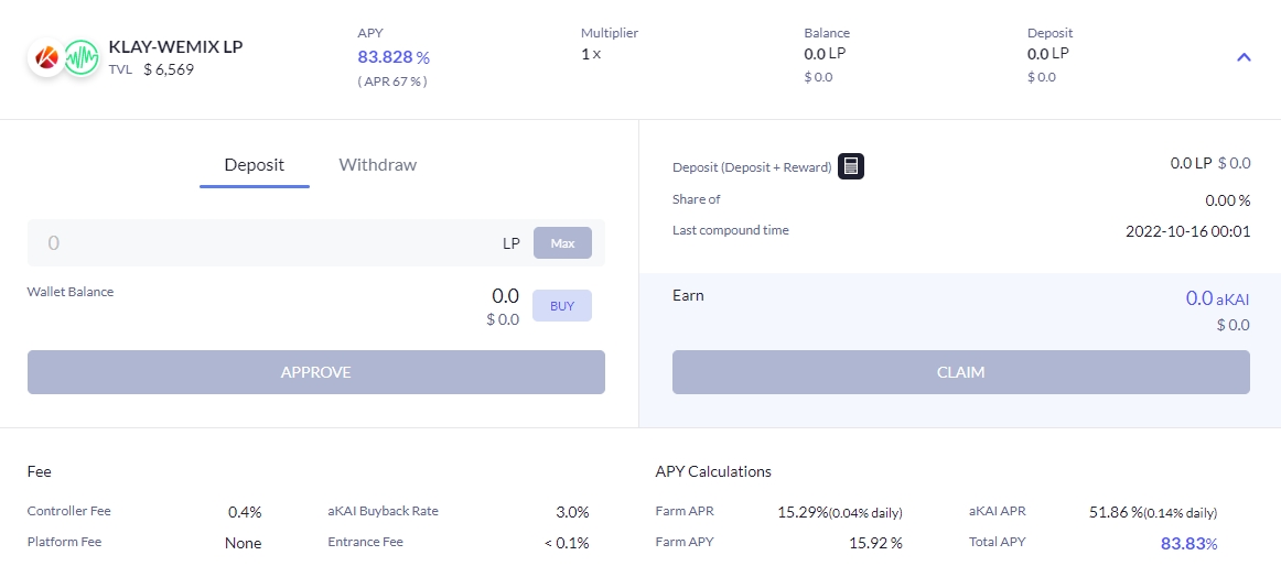 카이오토의 KLAY-WEMIX LP 풀의 APY