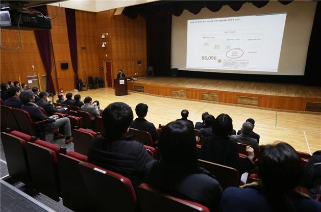 광명스피돔 광명홀에 경륜경정 직원들이 모여 경영현안에 대한 설명을 듣고 있다. (사진=국민체육진흥공단)