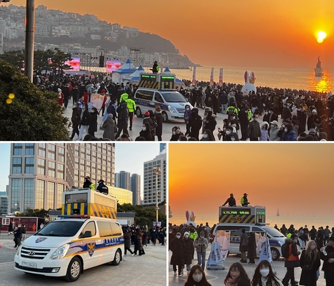 혼잡안전관리차량과 키다리경찰관 차량.(사진제공=부산경찰청)