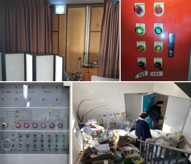 불시기동단속 적발사례(비상구폐쇄/소방펌프수동전환(정지)/수신기경종 정지/피난계단물건적치).(제공=부산소방재난본부)