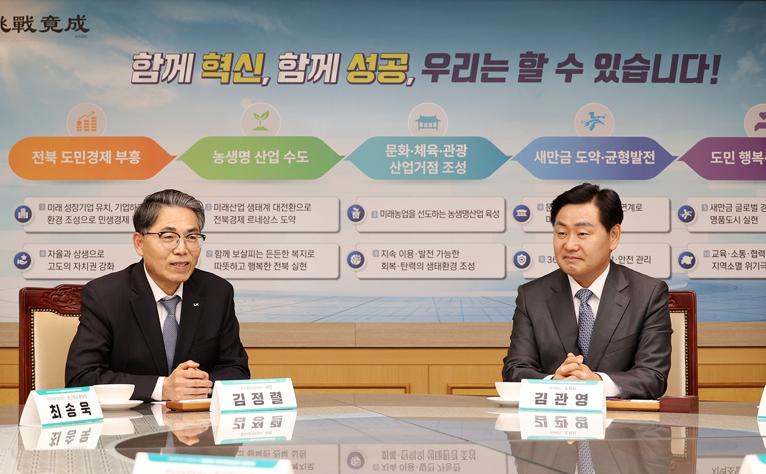 LX공사 김정렬 사장(왼쪽)이 김관영 도지사(오른쪽)와 함께 21일 전북도청에서 ‘전북지역 데이터 산업 육성을 위한 업무협약’을 체결했다.(사진= LX공사)