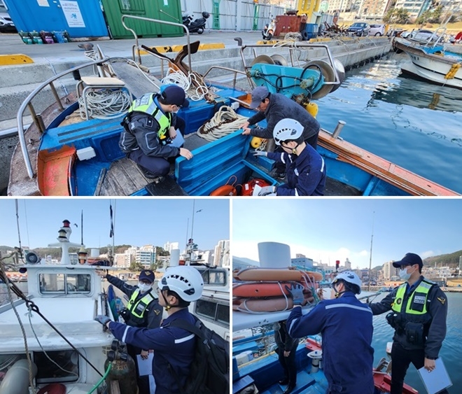 해경이 구명환, 구명조끼, 항해등 등을 점검하고 있다.(사진제공=부산해양경찰서)