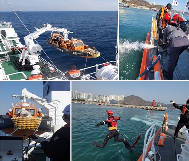 경비함정 단정 양하강 훈련/배수펌프 훈련/직접입수 인명구조 훈련을 하고 있다.(사진제공=부산해양경찰서)
