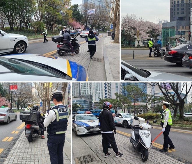 3월 22일 수성구 범어네거리 중심으로 제3차 이륜차 광역단속 모습.(사진제공=대구경찰청)