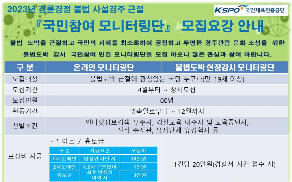 경륜경정, 불법 사설경주 근절을 위한 국민 참여 모니터링단 모집