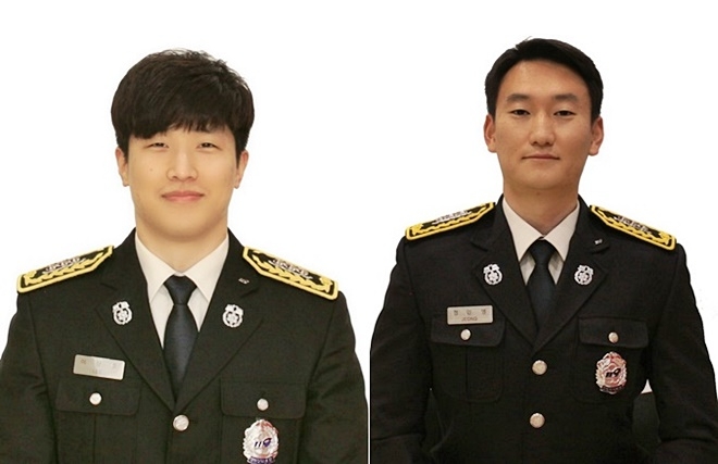 제7회 인명구조사 2급자격시험에 합격한 부산진소방서 이상호·정인영 소방교.(사진제공=부산소방재난본부)