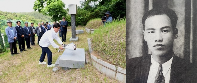 정종복 기장군수가 기장 출신 박영출 독립운동가 묘소를 참배하면서 헌화하고 있다./기장 출신 박영출 독립운동가 사진.(제공=부산 기장군)