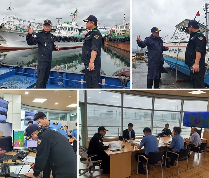 김종욱 해양경찰청장이 9일 울산항파출소, 울산항 VTS를 방문해 태풍 카눈 대비·대응태세를 점검하고 있다.(사진제공=울산해양경찰서)