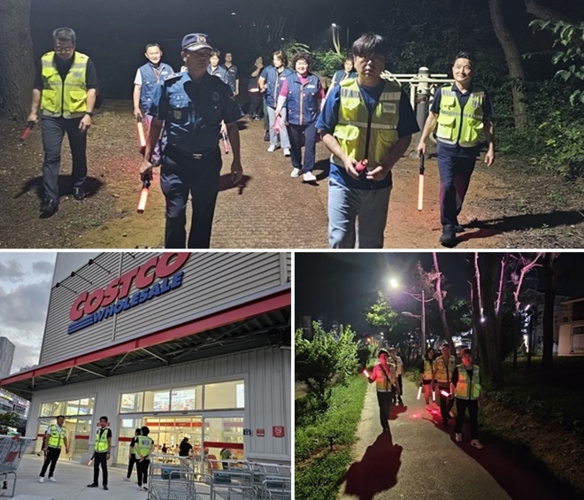 (사진위부터 시계방향)23일 모산공원 합동순찰/대청천 둘레길 순찰/코스크코 순찰 모습.(사진제공=김해서부경찰서)