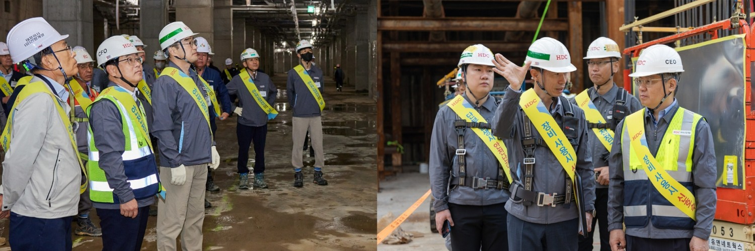 좌측사진 왼쪽에서 두 번째 김회언 대표이사, 우측사진 우측에서 첫 번째 최익훈 대표이사.(사진=HDC현대산업개발)