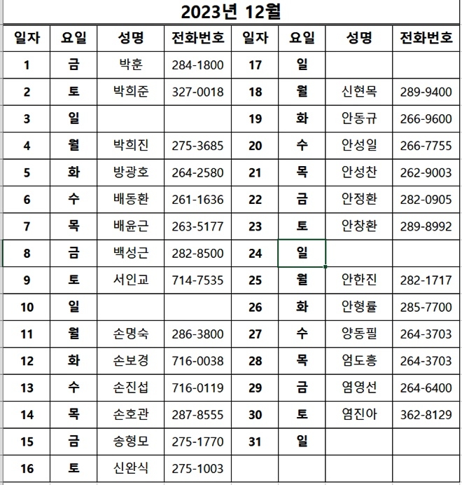 12월 당직변호사 명단.(제공=경남지방변호사회)