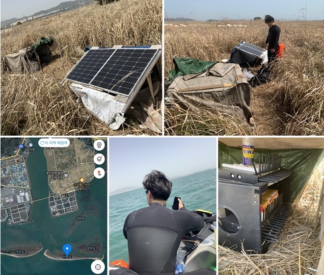 부산 강서구 신자도(무인도)에서 수색하여 발견한 중계기, 배터리, 타이머, 태양열 패널/ 형사가 수상 오토바이를 타고 신자도에 입도하는 장면/중계기가 발견된 신자도 지도(사진제공=부산경찰청)