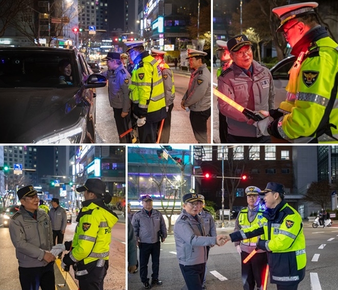 우철문 부산경찰청장이 현장근무자들을 격려하고 있다.(사진제공=부산경찰청)