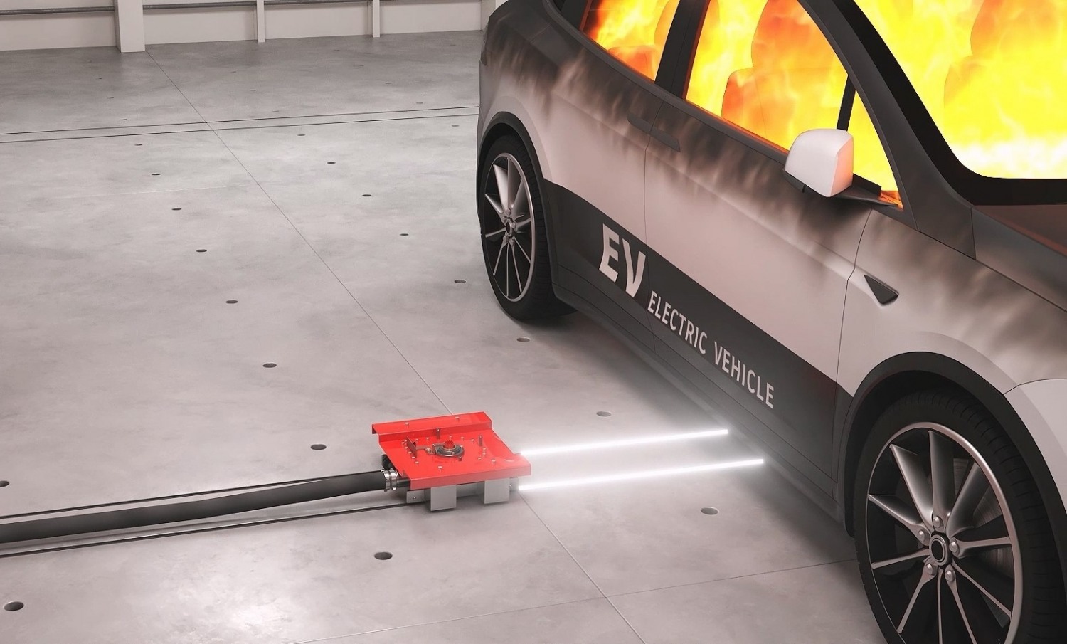 DL이앤씨가 중소기업 탱크테크와 함께 세계 최초로 개발한 ‘건물용 전기차 화재진압 시스템’ 작동 모습.(사진=DL이앤씨)