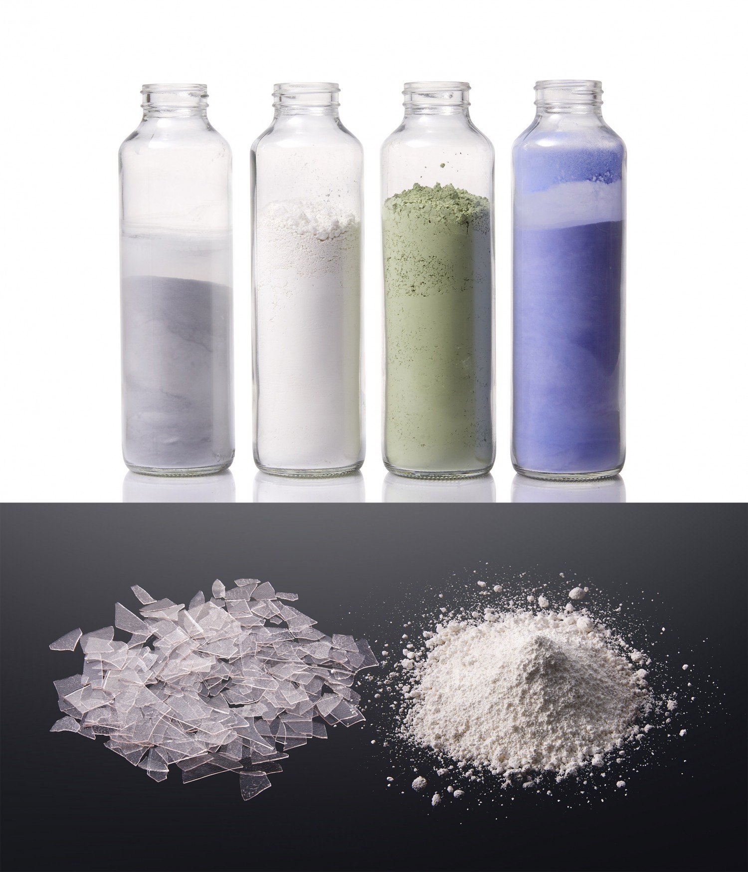 유리 파우더와 파우더로 만들기 전 단계의 조각 유리(컬렛). 사진=LG전자