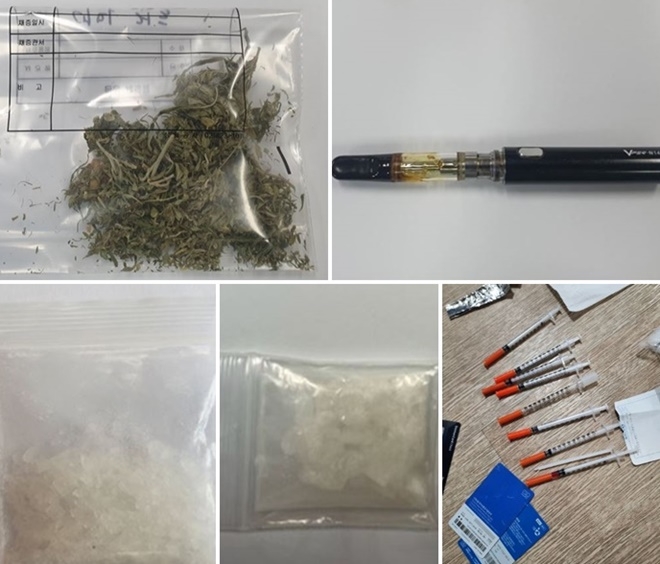 (사진위부터 시계방향)대마 건조/액상대마파이프/주사기/케타민/필로폰.(제공=대구경찰청)