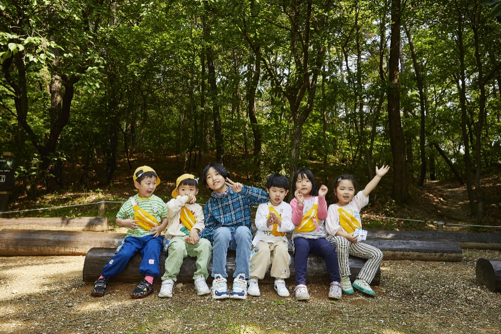 KCC 직장어린이집 아이들이 KCC가 보수 지원한 강남 해찬솔 유아숲체험원에서 즐겁게 뛰어놀고 있다.(사진=KCC)
